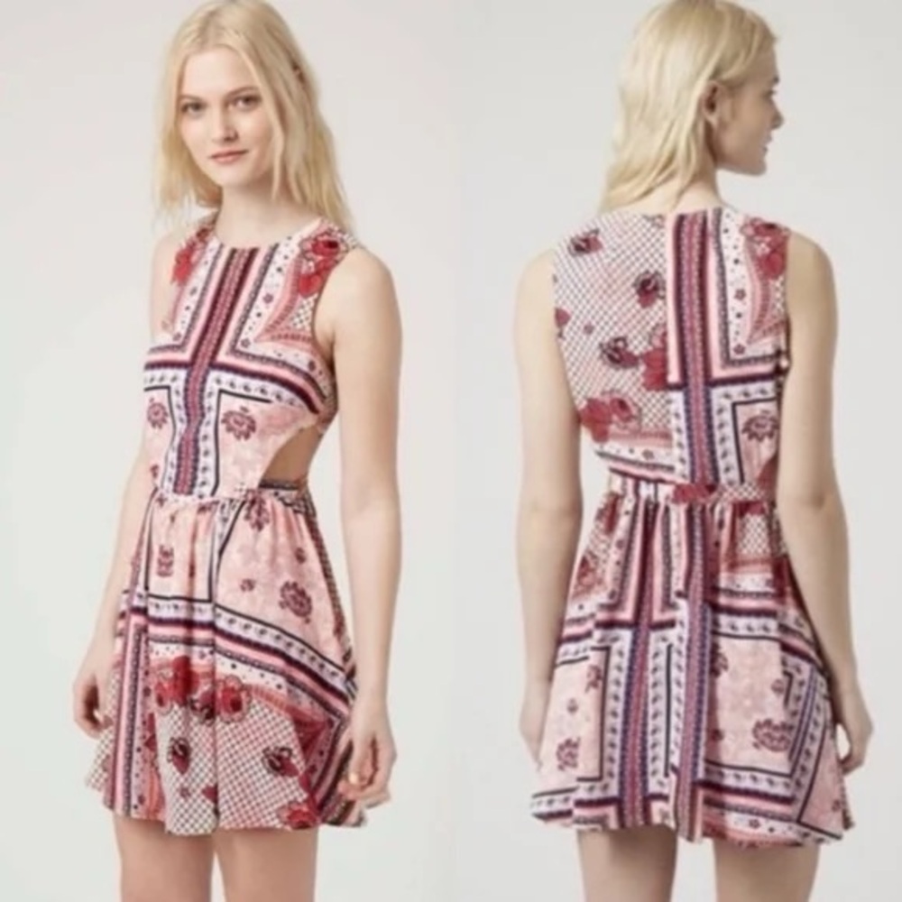 Topshop Copper Brown Cream Floral Patchwork Cut Out Flare Skater